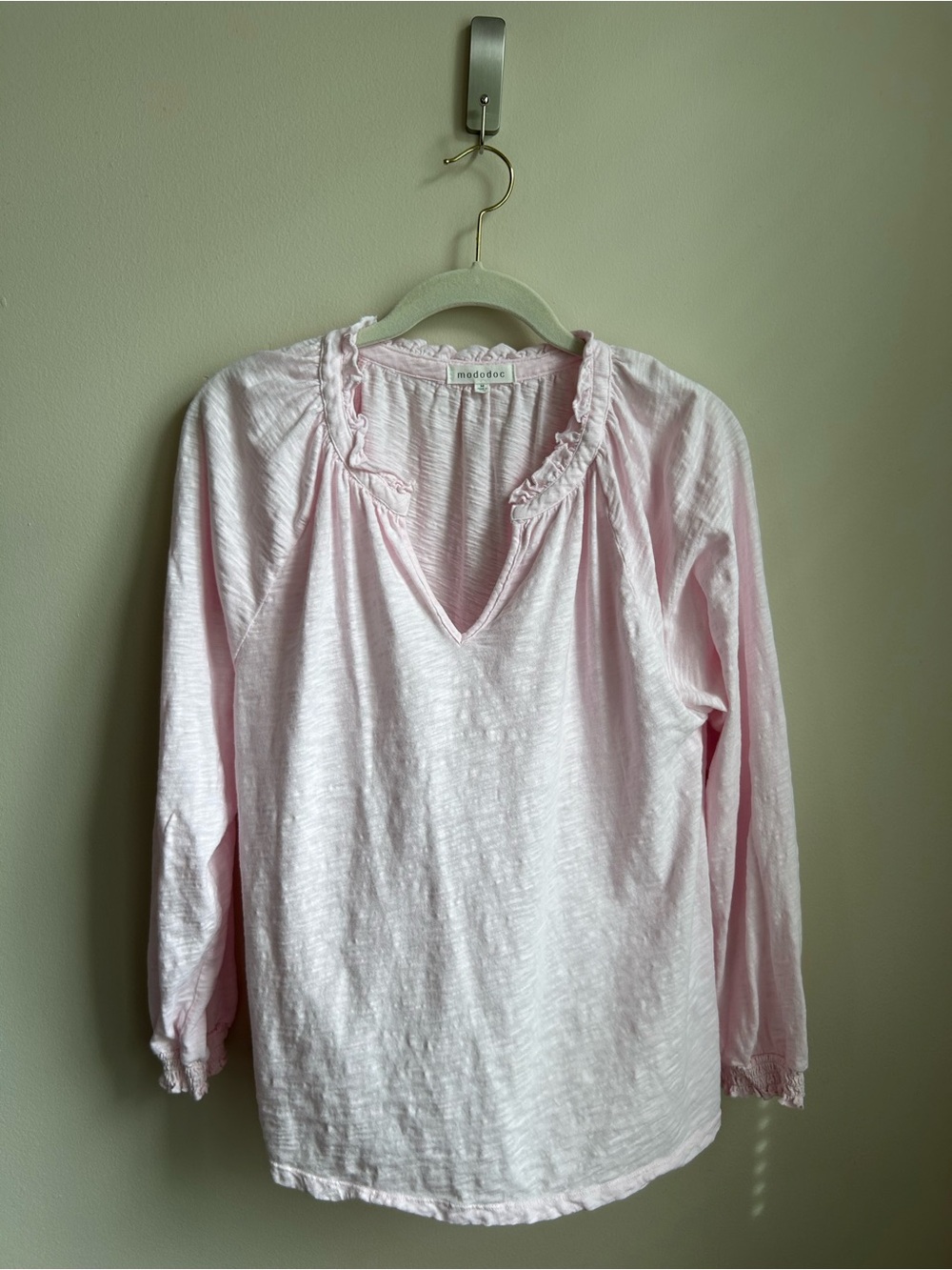 Light Pink Ruffled V-Neck Long Sleeve Top